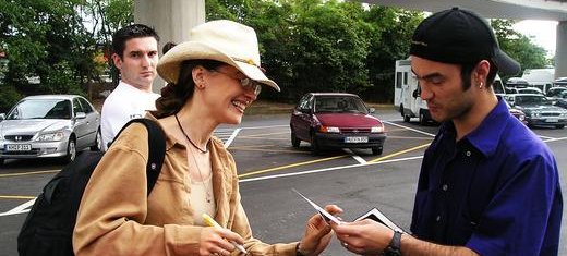 Esther sharing a message of hope with a young man in the Ukraine.